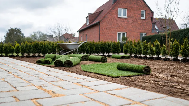 Symbolbild: neu angelegter Garten mit frisch verlegtem Weg, Rollrasen und junger Hecke