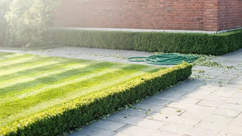 Symbolbild: frisch gemähter Rasen mit sauberer Kante und geschnittener Buchsbaumhecke