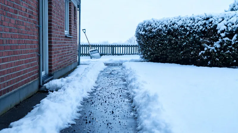 Symbolbild: geräumter und gestreuter Gehweg am Haus, Schnee an den Rändern